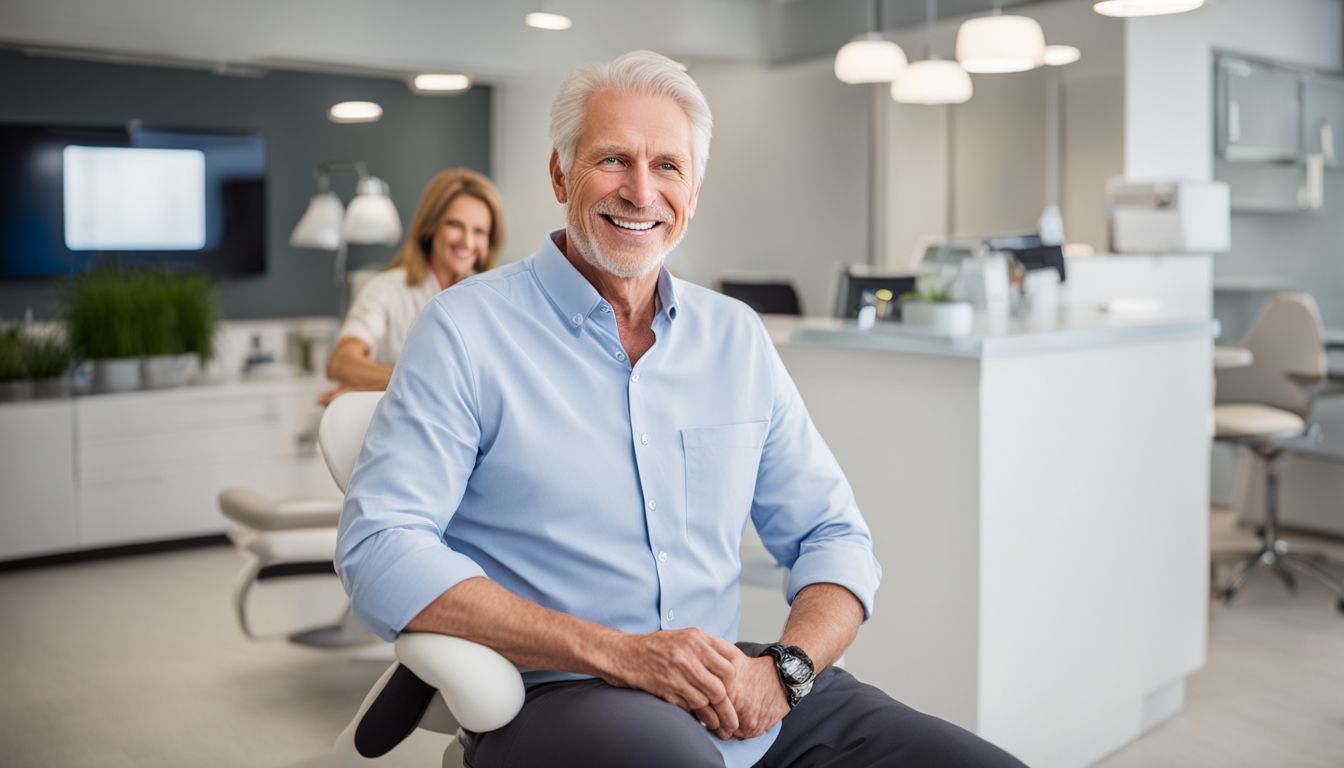 Osoba nosząca protezy z pięknym uśmiechem w nowoczesnym gabinecie dentystycznym.