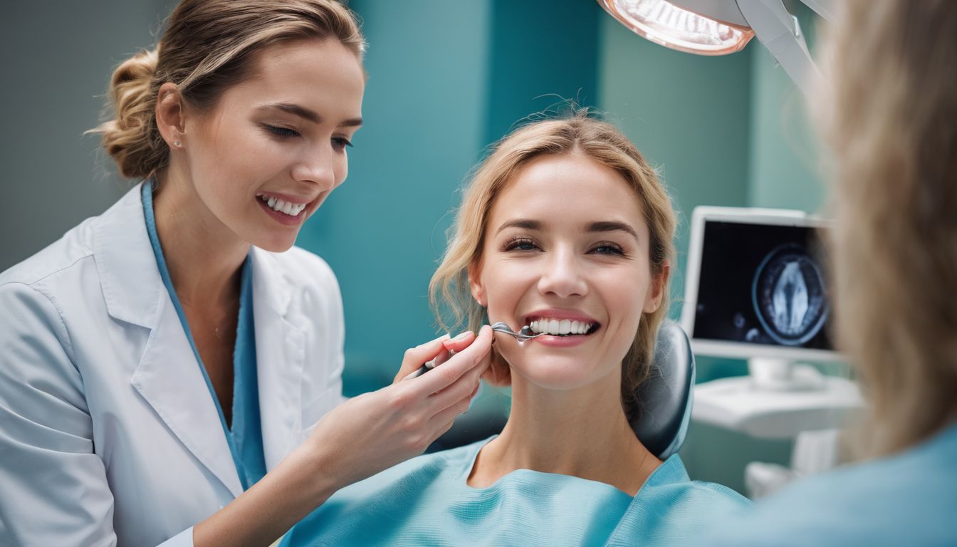 Osoba z uszkodzonymi zębami przegląda się u dentysty.