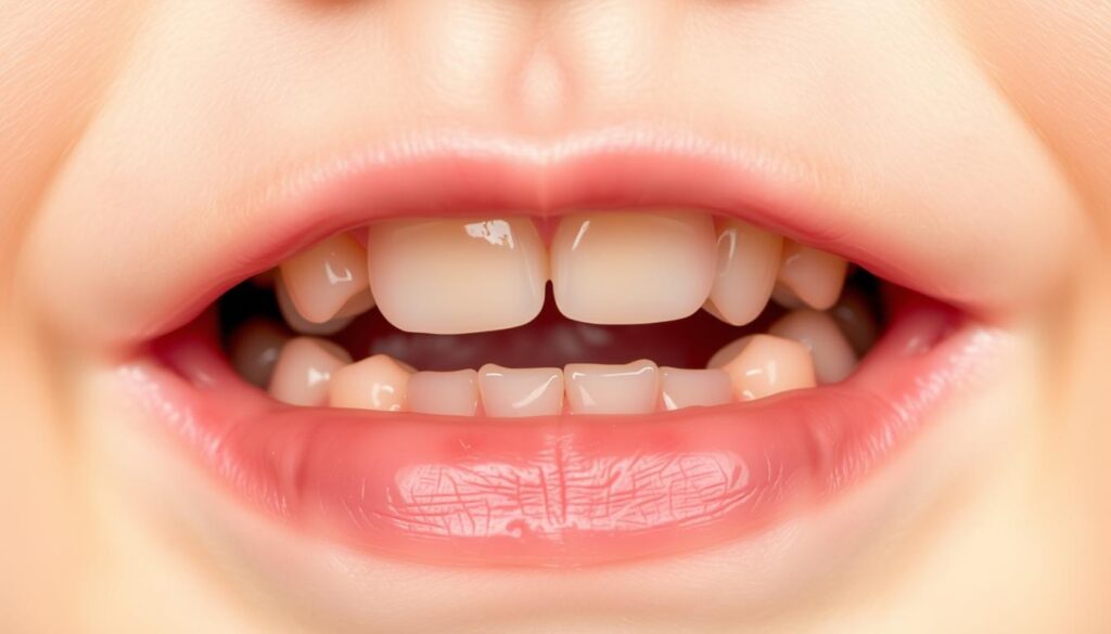 Close-up view of a teething infant's gums, with partially erupted teeth visible through the translucent, reddened gum tissue. The image should have a soft, natural lighting that highlights the delicate texture and slight swelling of the gums. Capture the subtle details of the gum lines, the emerging tooth buds, and the overall sensitive, inflamed appearance characteristic of the teething process. Present this in a clean, clinical manner that conveys the medical nature of the subject, without distracting elements. The focus should be on the gum and tooth anatomy to illustrate the "prześwitujące ząbki przez dziąsła" condition. Close-up view of a teething infant's gums, with partially erupted teeth visible through the translucent, reddened gum tissue. The image should have a soft, natural lighting that highlights the delicate texture and slight swelling of the gums. Capture the subtle details of the gum lines, the emerging tooth buds, and the overall sensitive, inflamed appearance characteristic of the teething process. Present this in a clean, clinical manner that conveys the medical nature of the subject, without distracting elements. The focus should be on the gum and tooth anatomy to illustrate the "prześwitujące ząbki przez dziąsła" condition.