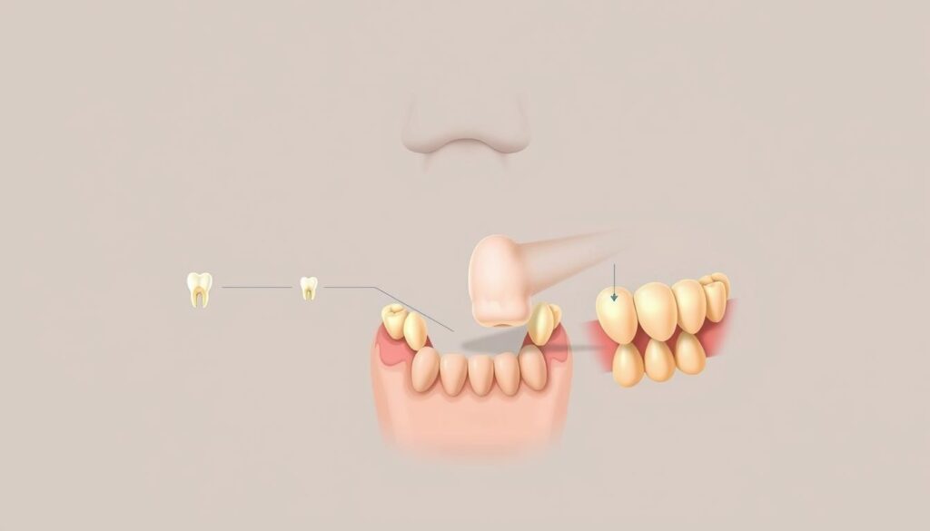 Detailed illustration of the teething process in infants. A smooth, clean-lined diagram depicting the various stages of tooth eruption through the gums, from the first tooth to the complete set of primary teeth. Rendered in a realistic, scientific style with muted, earthy colors. Precise anatomical accuracy, showing the bone structure, gum tissue, and emerging teeth. Soft, diffused lighting casts subtle shadows, emphasizing the three-dimensional nature of the subject. Crisp, high-resolution imagery suitable for a medical or parenting publication. Detailed illustration of the teething process in infants. A smooth, clean-lined diagram depicting the various stages of tooth eruption through the gums, from the first tooth to the complete set of primary teeth. Rendered in a realistic, scientific style with muted, earthy colors. Precise anatomical accuracy, showing the bone structure, gum tissue, and emerging teeth. Soft, diffused lighting casts subtle shadows, emphasizing the three-dimensional nature of the subject. Crisp, high-resolution imagery suitable for a medical or parenting publication.